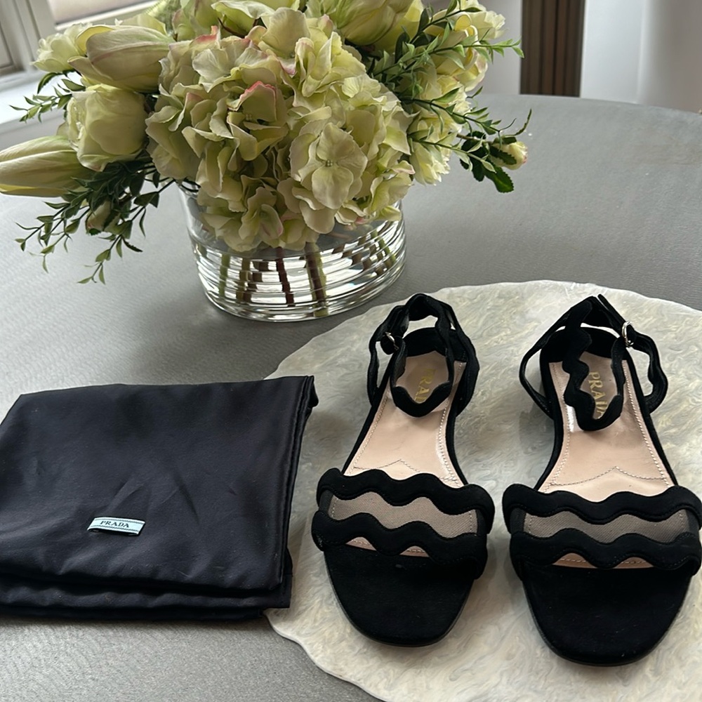 Prada Mesh & Suede Scalloped Sandals